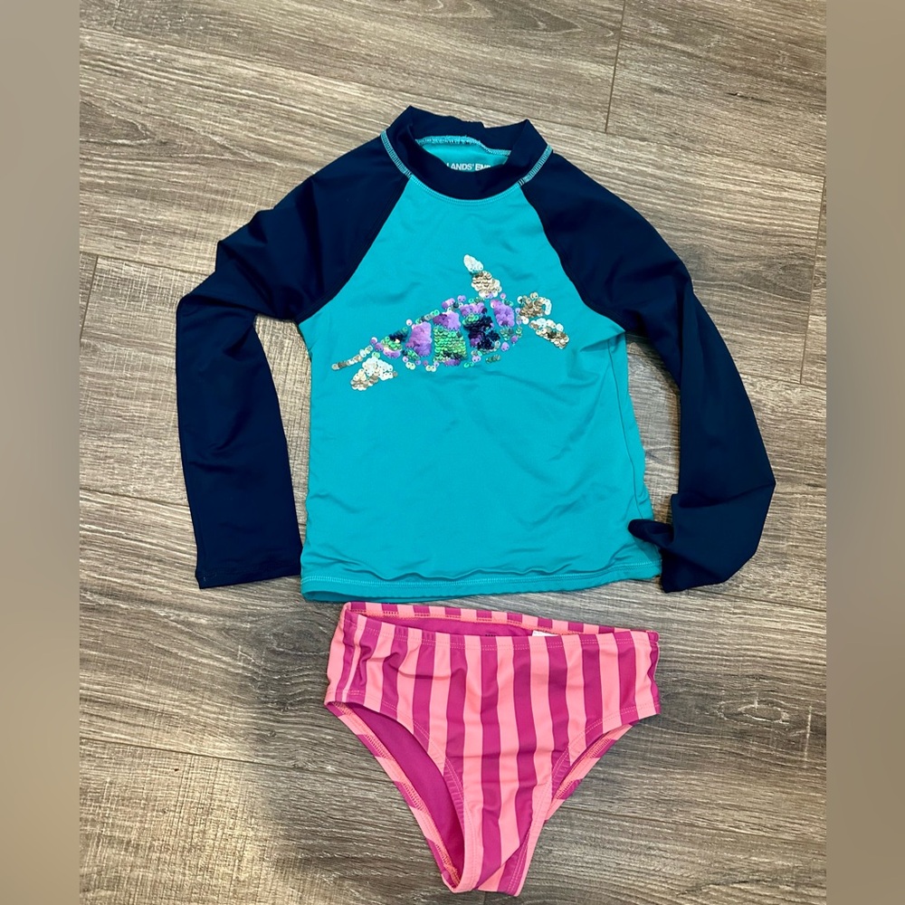 Lands' End CS 4-5 Blue and Navy Sea Turtle Rashguard with Pink Gap Bottoms